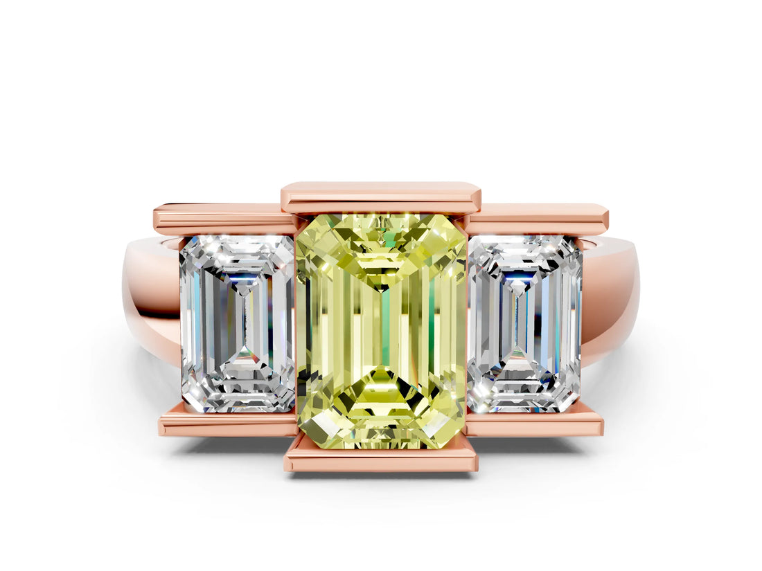 Rose gold Three Stone Fancy Yellow Emerald Cut Cut Channel Set Diamond Ring