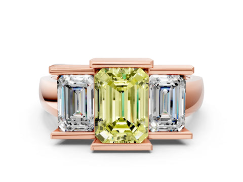 Rose gold Three Stone Fancy Yellow Emerald Cut Cut Channel Set Diamond Ring