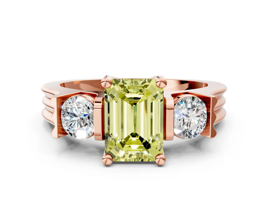 Rose gold Three-Stone Fancy Yellow Emerald Cut Cut Classic Band Prong Setting Ring