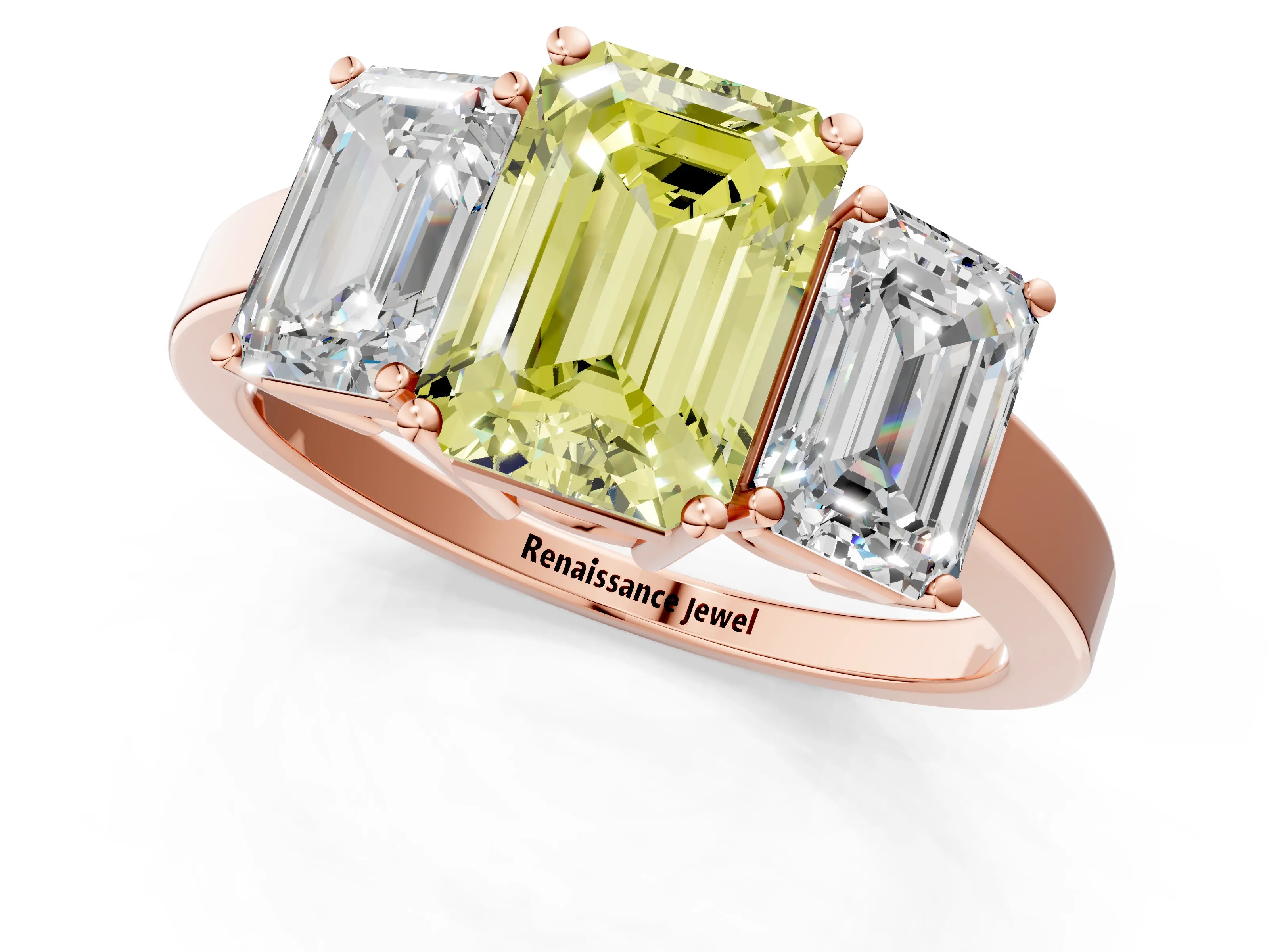 Rose gold Three-Stone Fancy Yellow Emerald Cut Cut Diamond Engagement Ring with Flat Band and Four-Prong Setting_1
