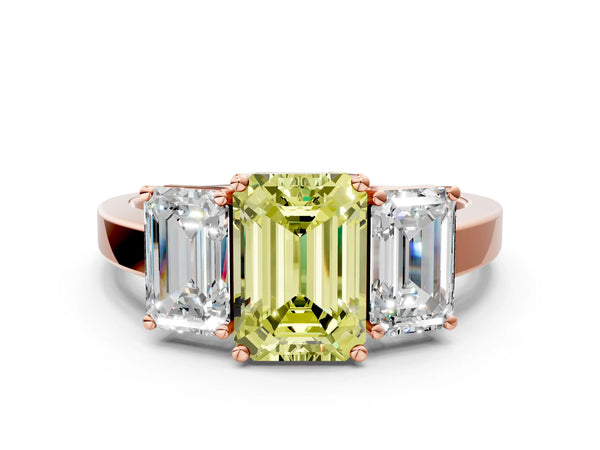 Rose gold Three-Stone Fancy Yellow Emerald Cut Cut Diamond Engagement Ring with Flat Band and Four-Prong Setting