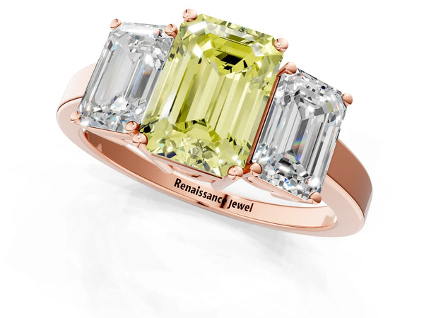 Rose gold Three-Stone Fancy Yellow Emerald Cut Cut Diamond Engagement Ring with Flat Band and Four-Prong Setting