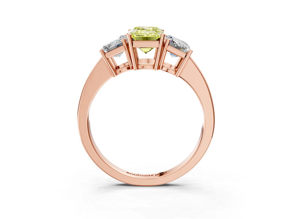 Rose gold Three-Stone Fancy Yellow Emerald Cut Cut Diamond Engagement Ring with Flat Band and Four-Prong Setting