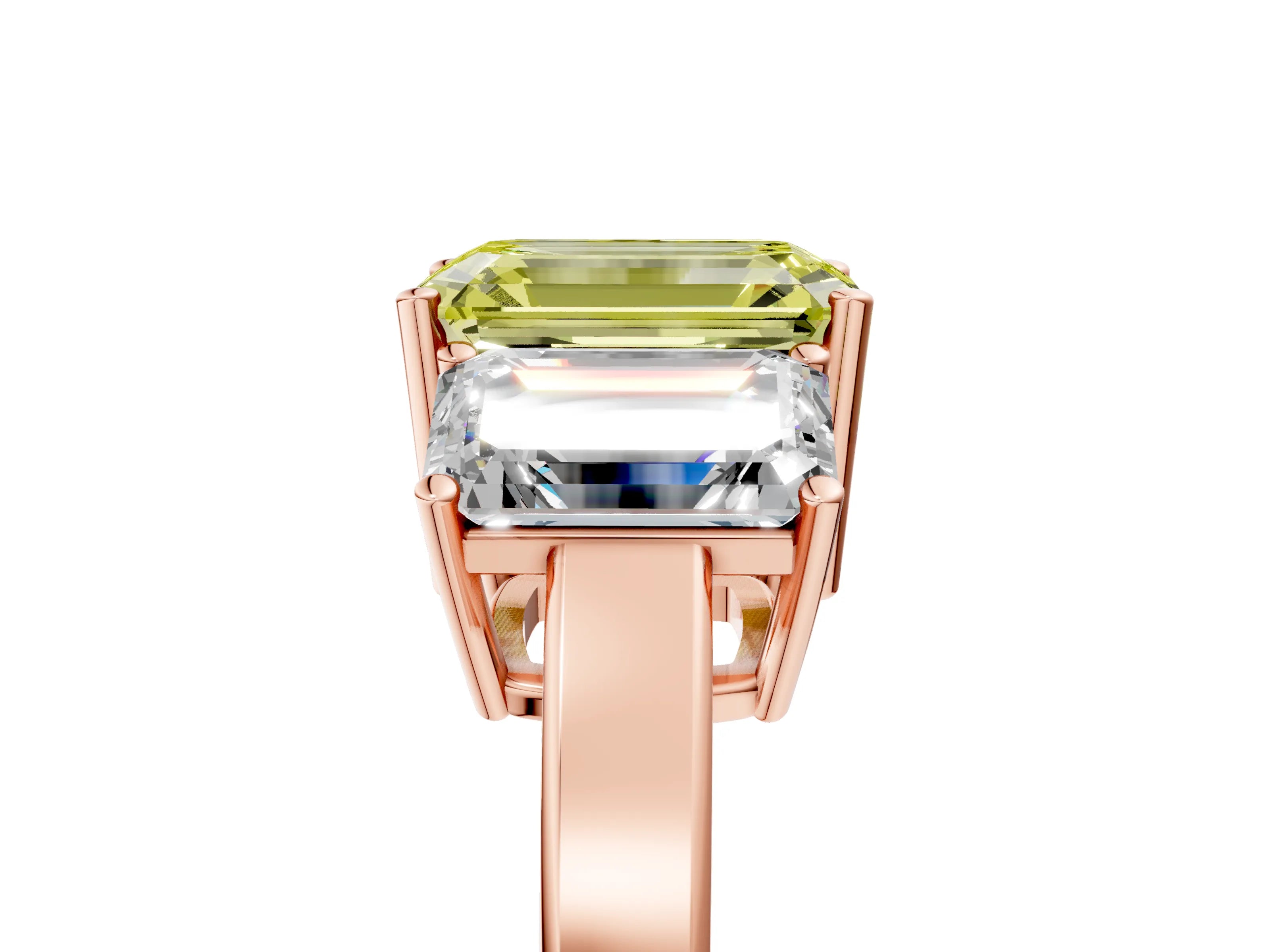 Rose gold Three-Stone Fancy Yellow Emerald Cut Cut Diamond Engagement Ring with Flat Band and Four-Prong Setting_17