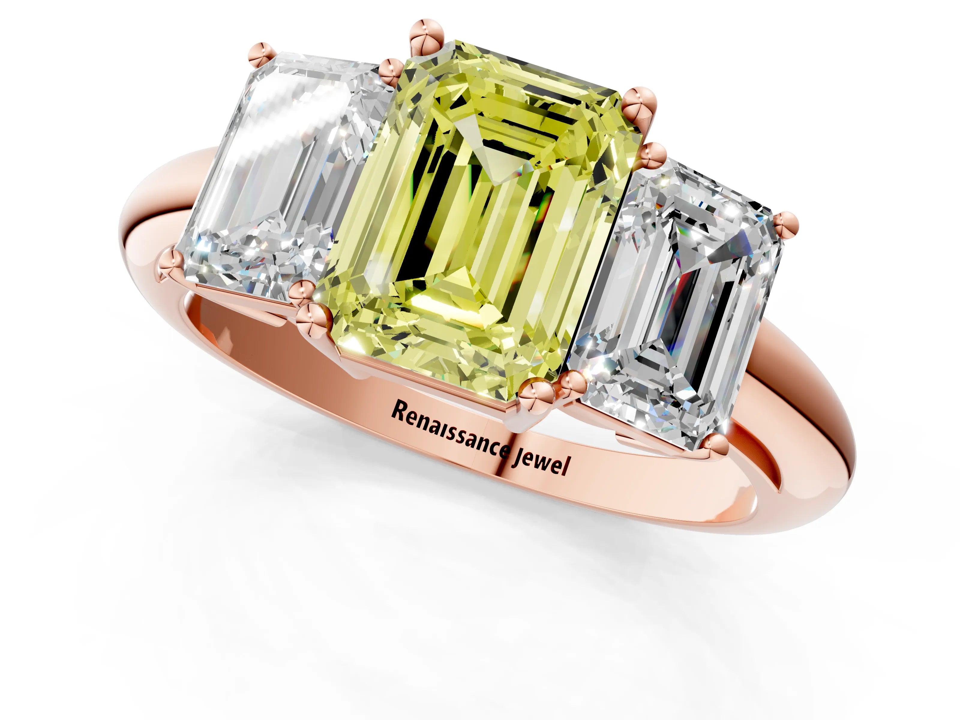 Rose gold Three-Stone Fancy Yellow Emerald Cut Cut Diamond Engagement Ring with Prong Setting on a White Gold Band_1