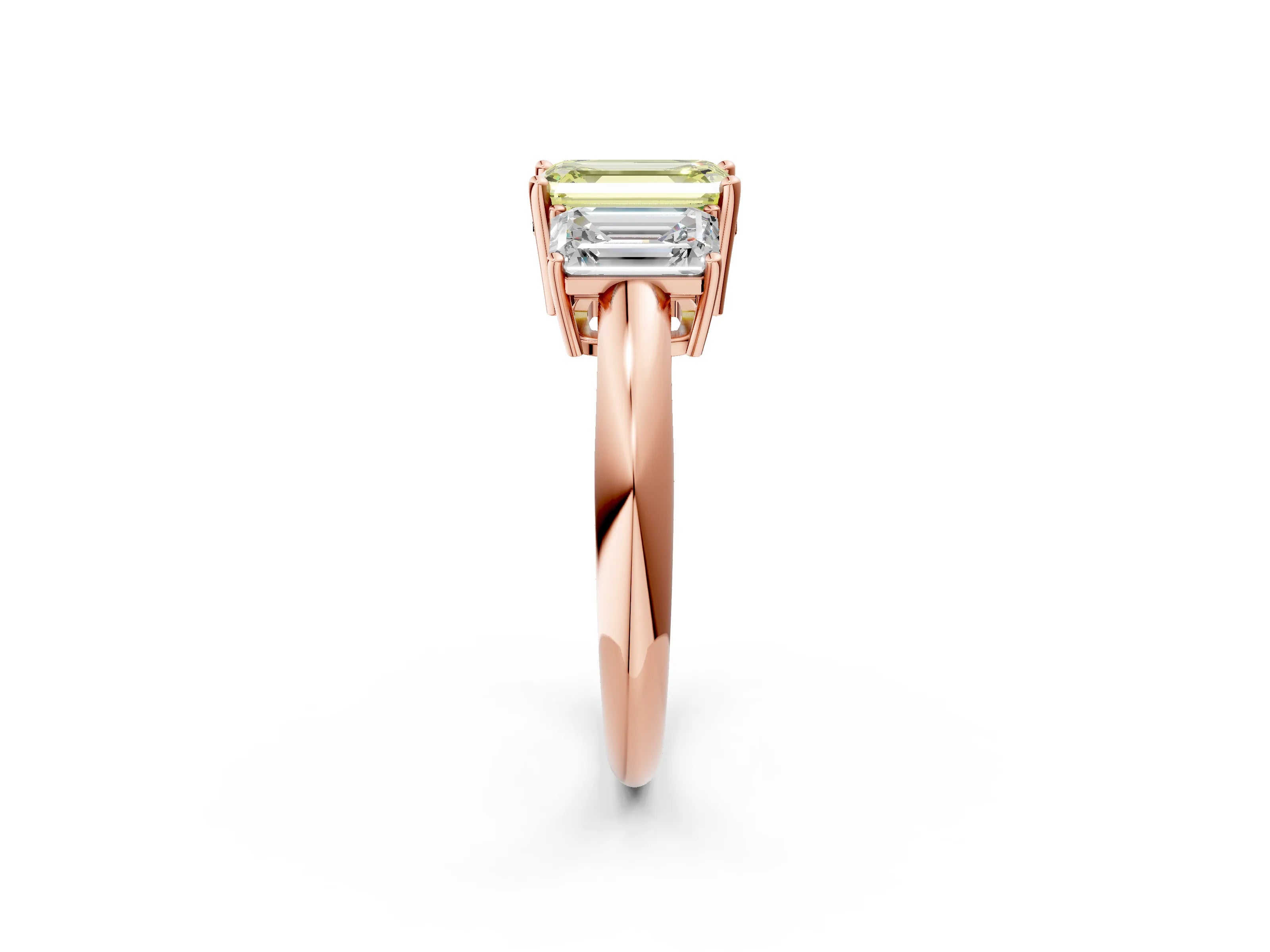 Rose gold Three-Stone Fancy Yellow Emerald Cut Cut Diamond Engagement Ring with Prong Setting on a White Gold Band_2