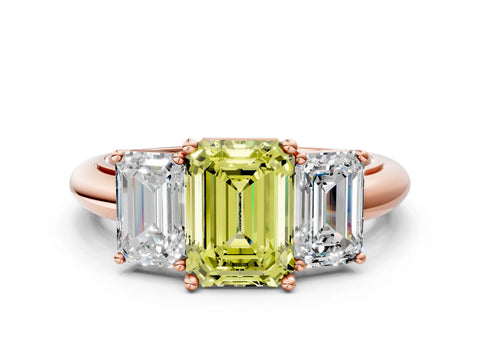 Rose gold Three-Stone Fancy Yellow Emerald Cut Cut Diamond Engagement Ring with Prong Setting on a White Gold Band