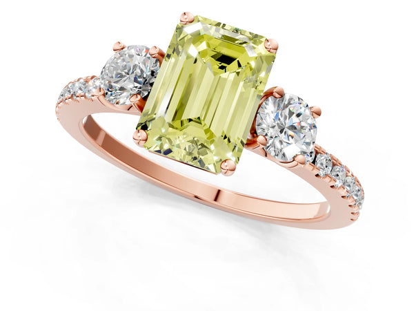 Rose gold Three-Stone Fancy Yellow Emerald Cut Cut Diamond Pavé Band with Prong Setting