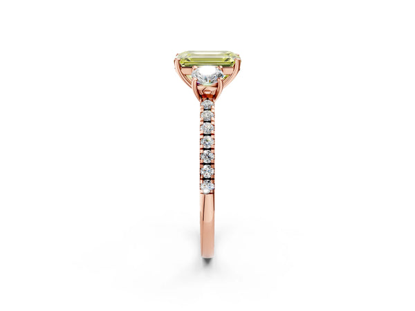 Rose gold Three-Stone Fancy Yellow Emerald Cut Cut Diamond Pavé Band with Prong Setting