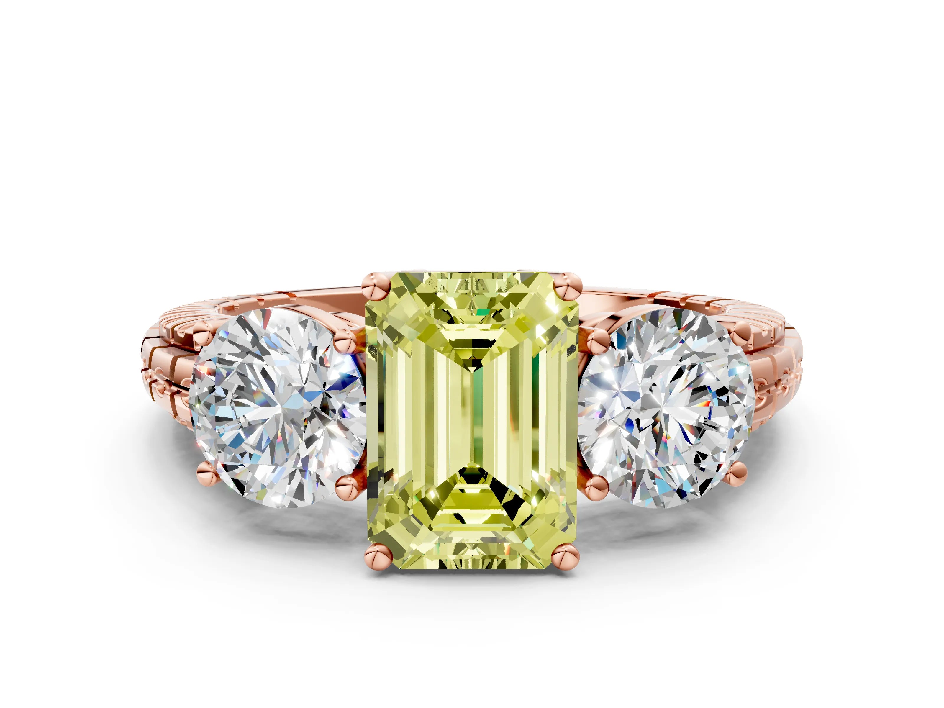 Rose gold Three-Stone Fancy Yellow Emerald Cut Cut Diamond Ring with Channel-Set Band and Prong Setting
