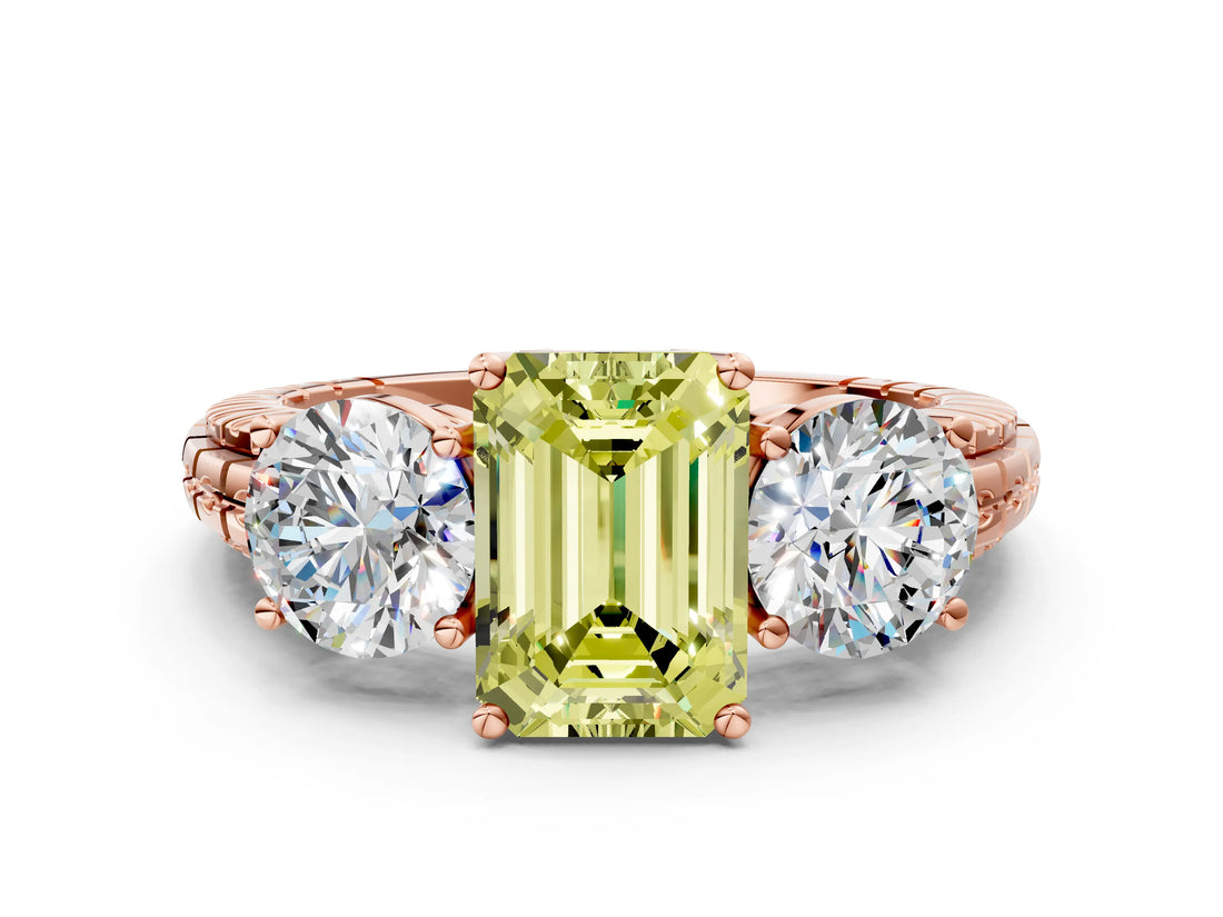 Rose gold Three-Stone Fancy Yellow Emerald Cut Cut Diamond Ring with Channel-Set Band and Prong Setting