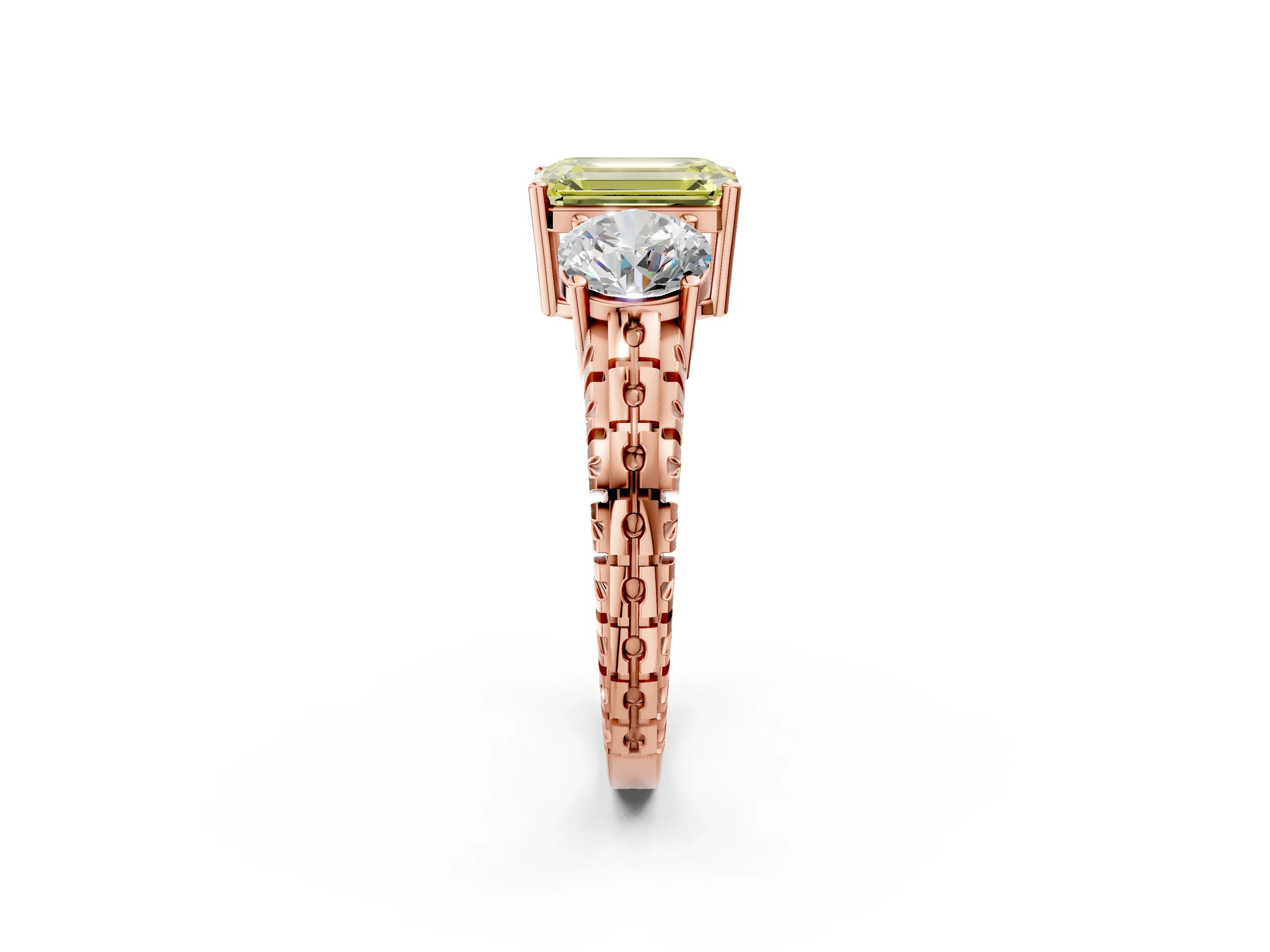 Rose gold Three-Stone Fancy Yellow Emerald Cut Cut Diamond Ring with Channel-Set Band and Prong Setting_2