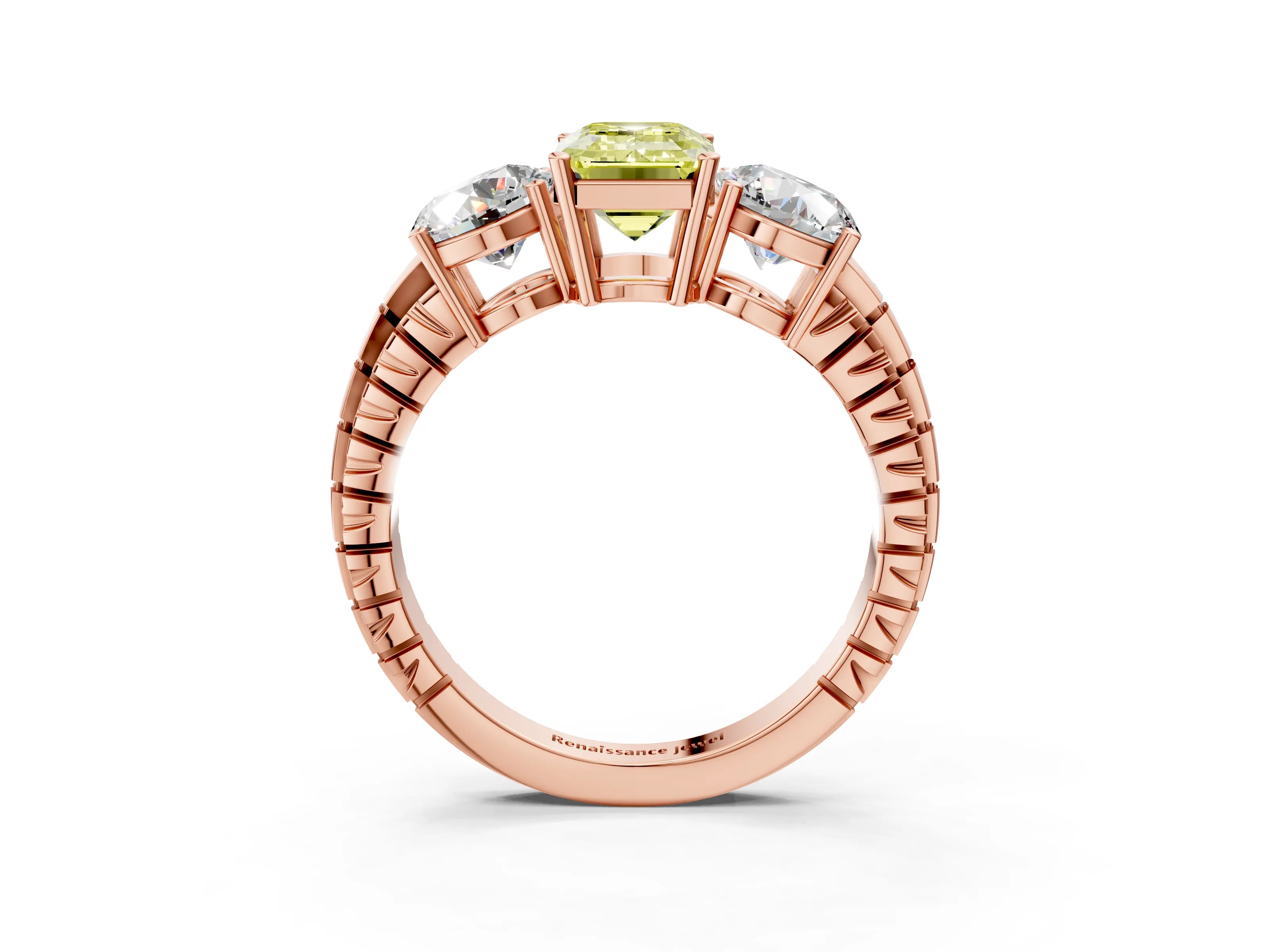 Rose gold Three-Stone Fancy Yellow Emerald Cut Cut Diamond Ring with Channel-Set Band and Prong Setting_3
