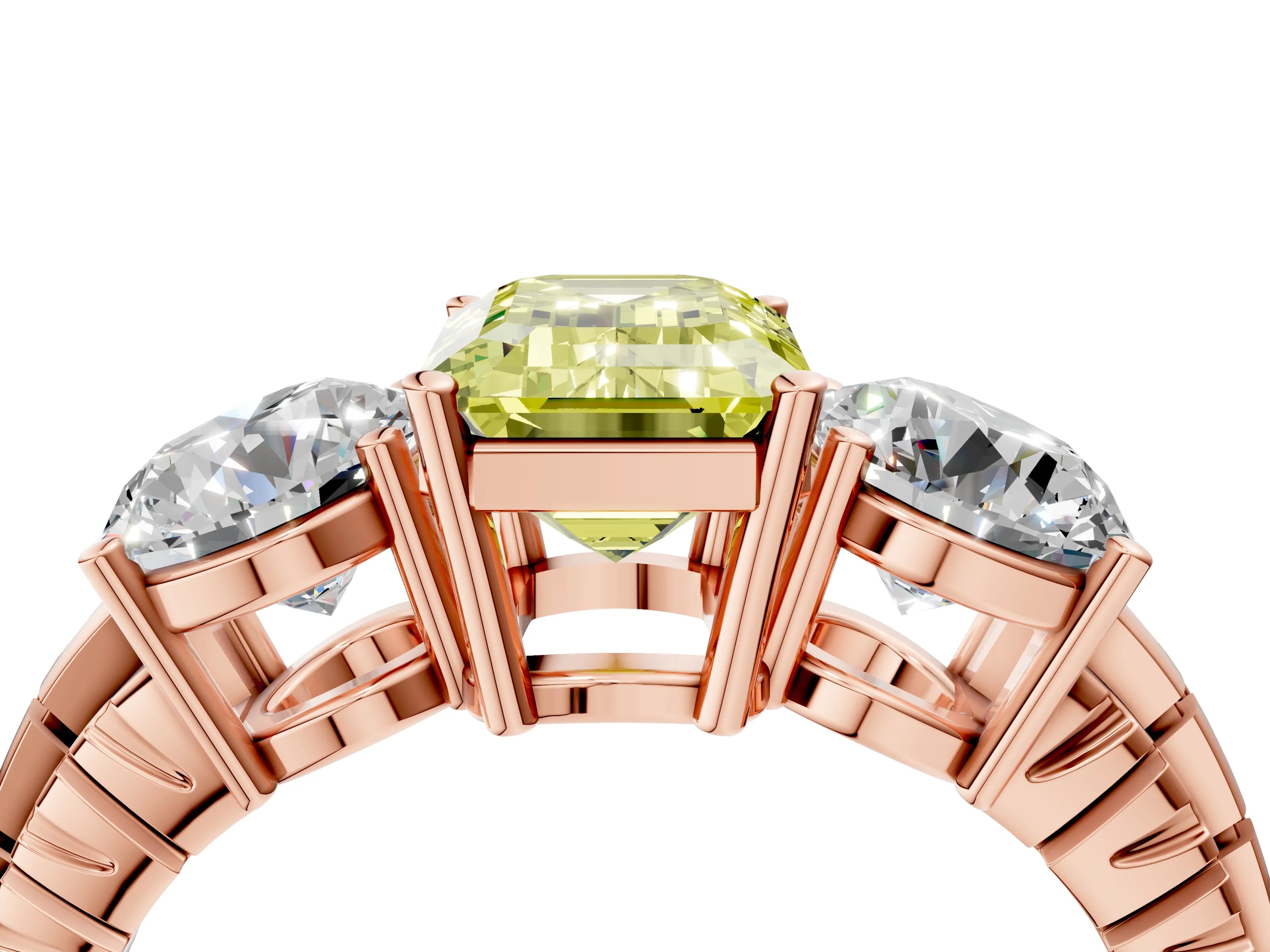 Rose gold Three-Stone Fancy Yellow Emerald Cut Cut Diamond Ring with Channel-Set Band and Prong Setting_4