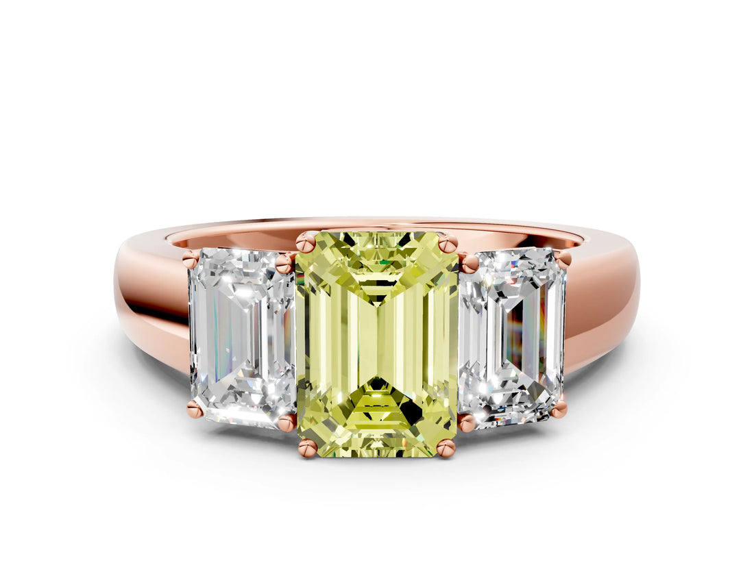 Rose gold Three-Stone Fancy Yellow Emerald Cut Cut Diamond Ring with Prong Setting and Classic Band