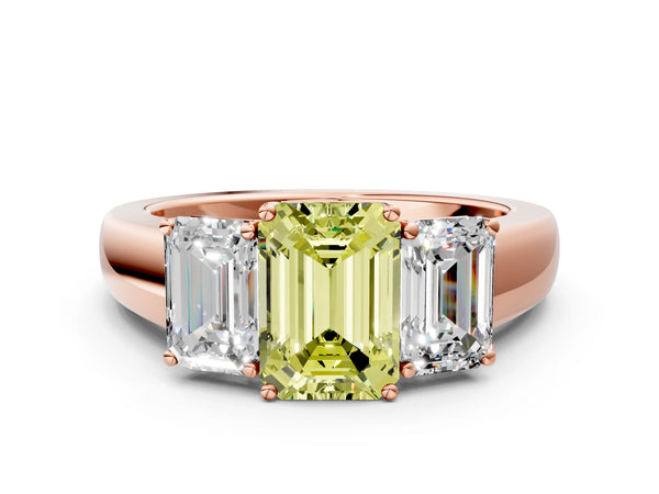Rose gold Three-Stone Fancy Yellow Emerald Cut Cut Diamond Ring with Prong Setting and Classic Band