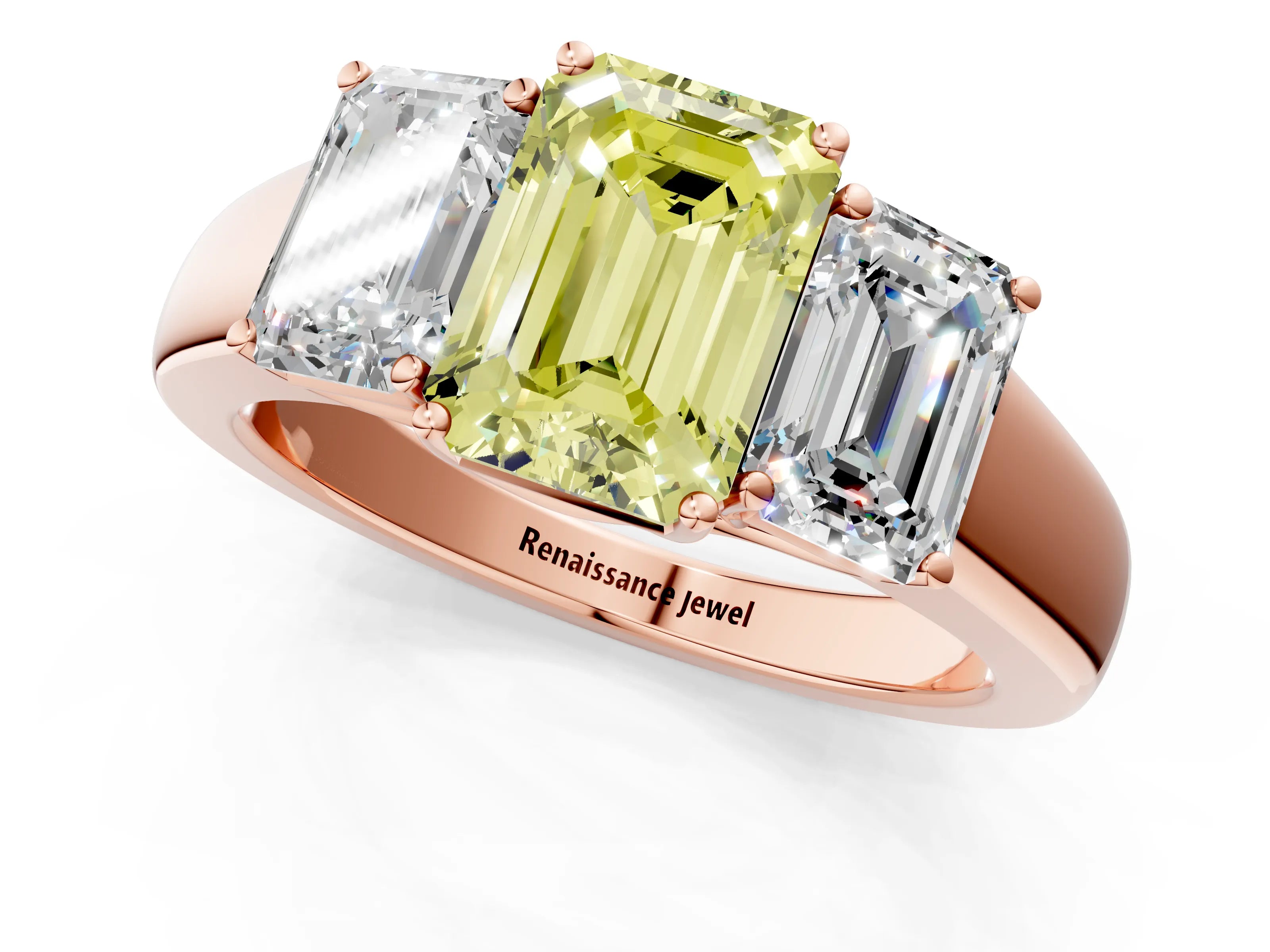 Rose gold Three-Stone Fancy Yellow Emerald Cut Cut Diamond Ring with Prong Setting and Classic Band_1