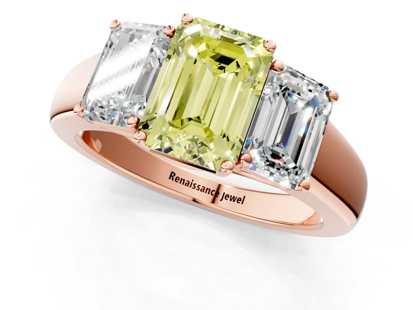 Rose gold Three-Stone Fancy Yellow Emerald Cut Cut Diamond Ring with Prong Setting and Classic Band