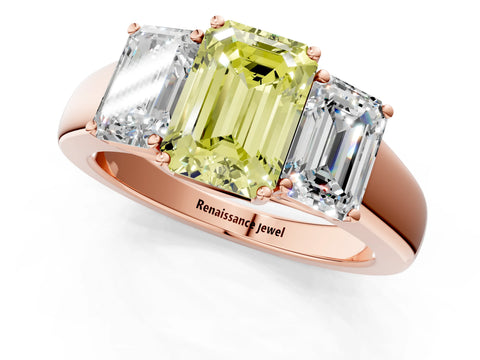 Rose gold Three-Stone Fancy Yellow Emerald Cut Cut Diamond Ring with Prong Setting and Classic Band_1