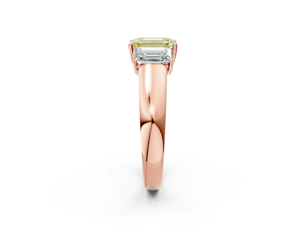 Rose gold Three-Stone Fancy Yellow Emerald Cut Cut Diamond Ring with Prong Setting and Classic Band