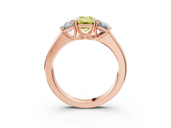 Rose gold Three-Stone Fancy Yellow Emerald Cut Cut Diamond Ring with Prong Setting and Classic Band