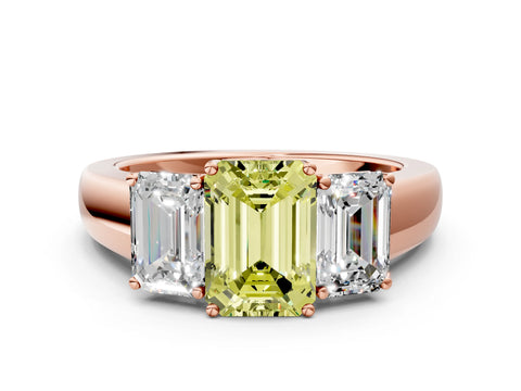 Rose gold Three-Stone Fancy Yellow Emerald Cut Cut Diamond Ring with Prong Setting and Classic Band