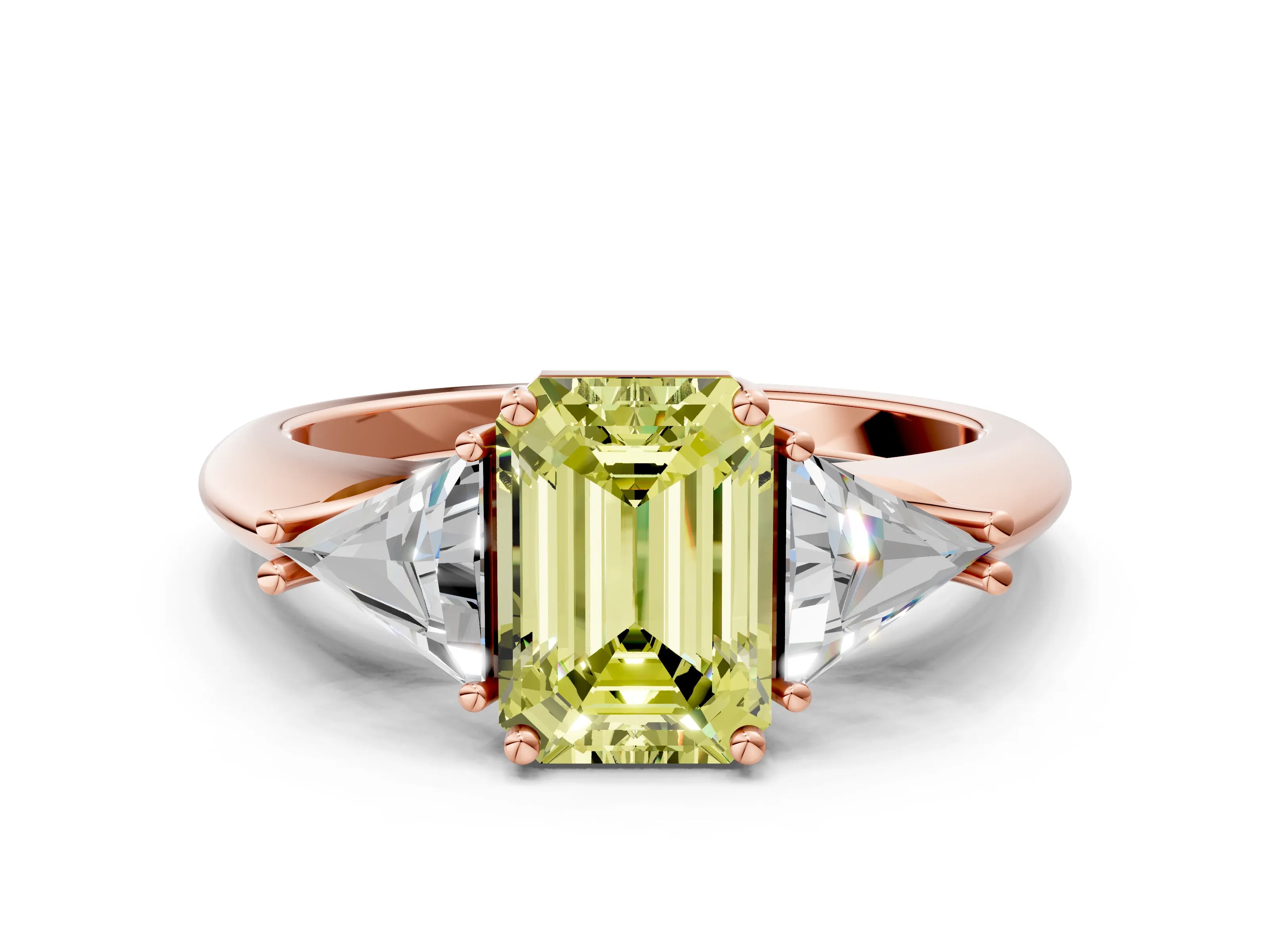 Rose gold Three-Stone Fancy Yellow Emerald Cut Cut Diamond Ring with Trillion Side Stones and Four-Prong Setting_3