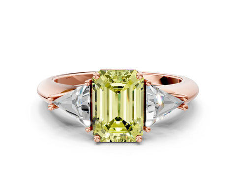 Rose gold Three-Stone Fancy Yellow Emerald Cut Cut Diamond Ring with Trillion Side Stones and Four-Prong Setting_3