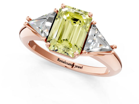 Rose gold Three-Stone Fancy Yellow Emerald Cut Cut Diamond Ring with Trillion Side Stones and Four-Prong Setting_4