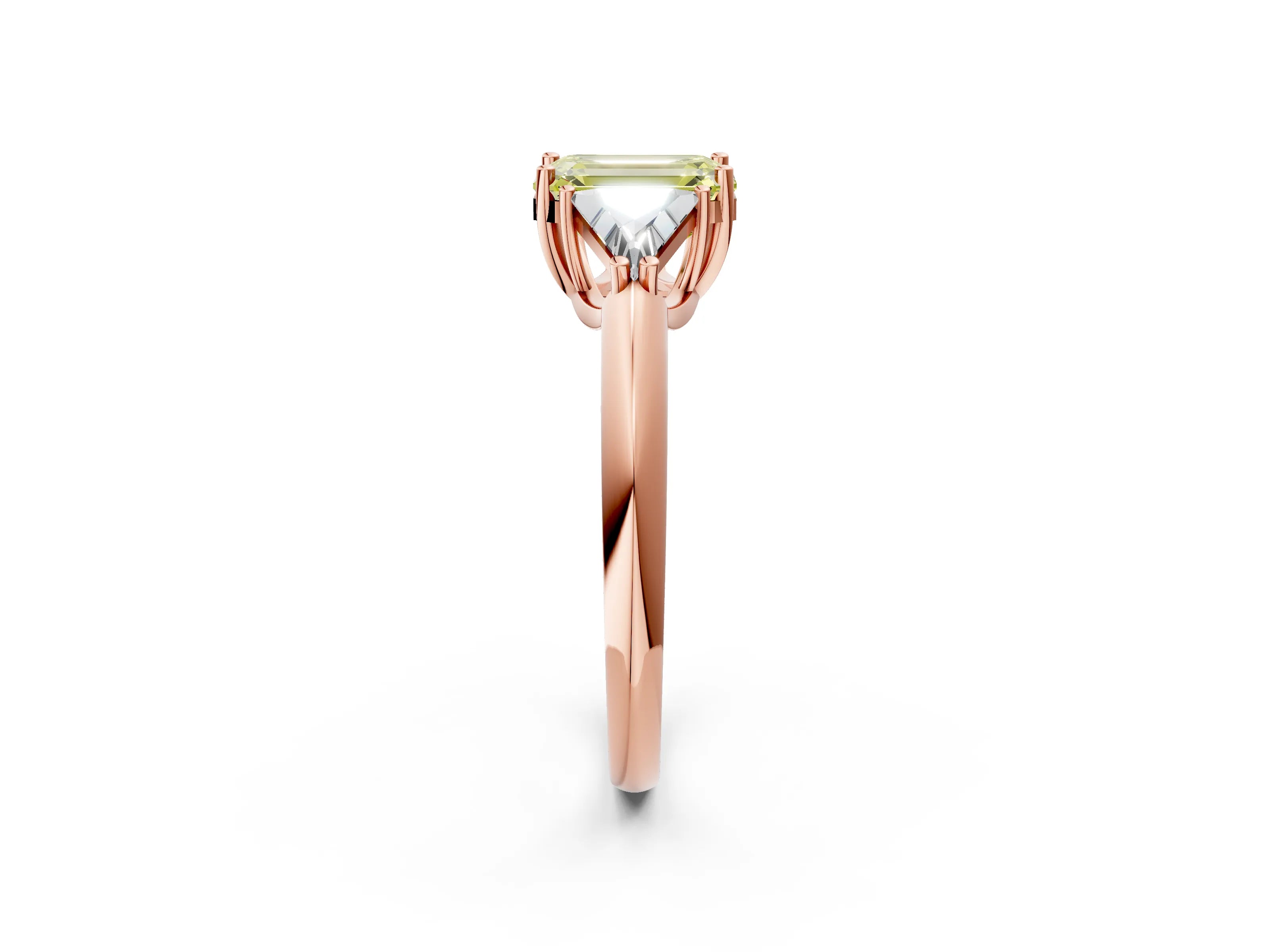 Rose gold Three-Stone Fancy Yellow Emerald Cut Cut Diamond Ring with Trillion Side Stones and Four-Prong Setting_5