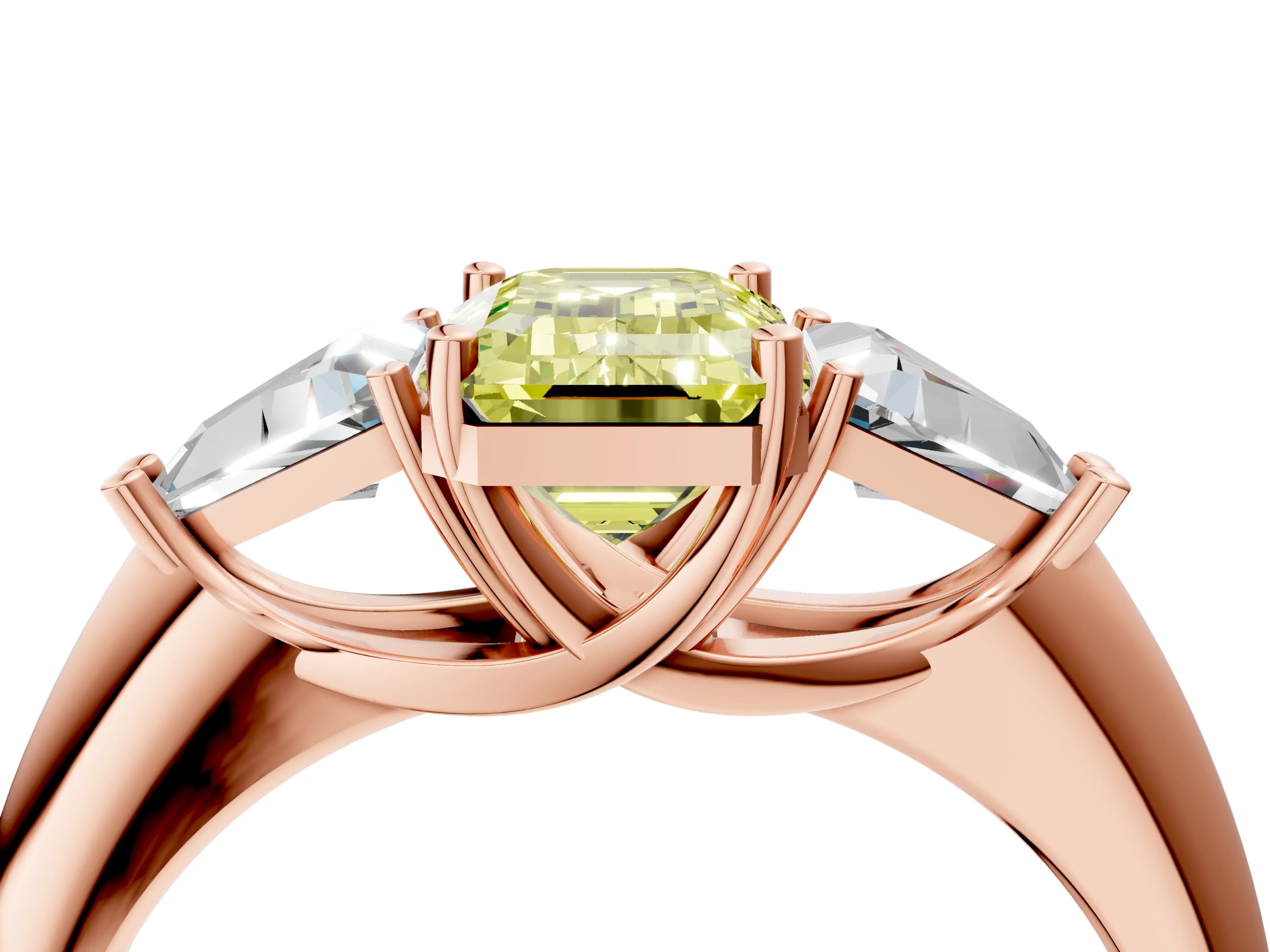 Rose gold Three-Stone Fancy Yellow Emerald Cut Cut Diamond Ring with Trillion Side Stones and Four-Prong Setting_7