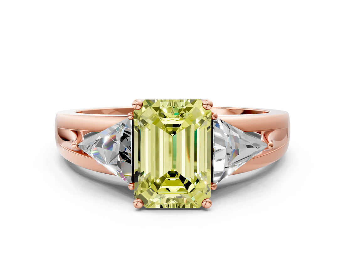 Rose gold Three-Stone Fancy Yellow Emerald Cut Cut Diamond Ring with Trillion Side Stones on a Split Shank Band