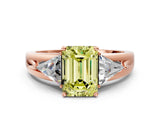 Rose gold Three-Stone Fancy Yellow Emerald Cut Cut Diamond Ring with Trillion Side Stones on a Split Shank Band
