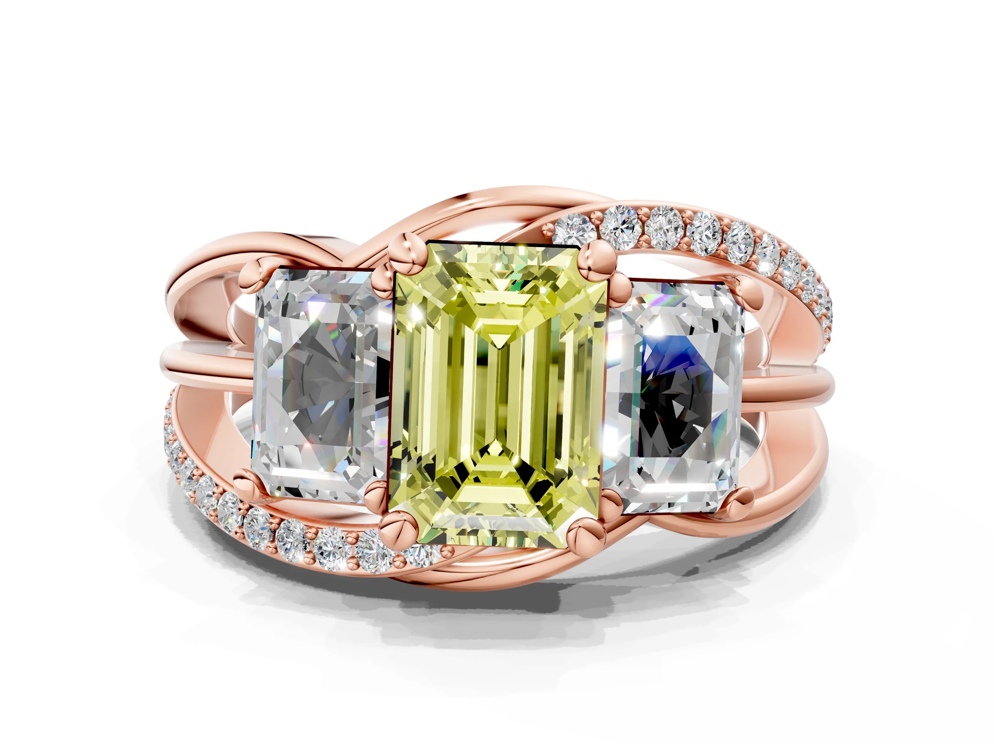 Rose gold Three-Stone Fancy Yellow Emerald Cut Cut Diamond Split Shank Prong Set Ring