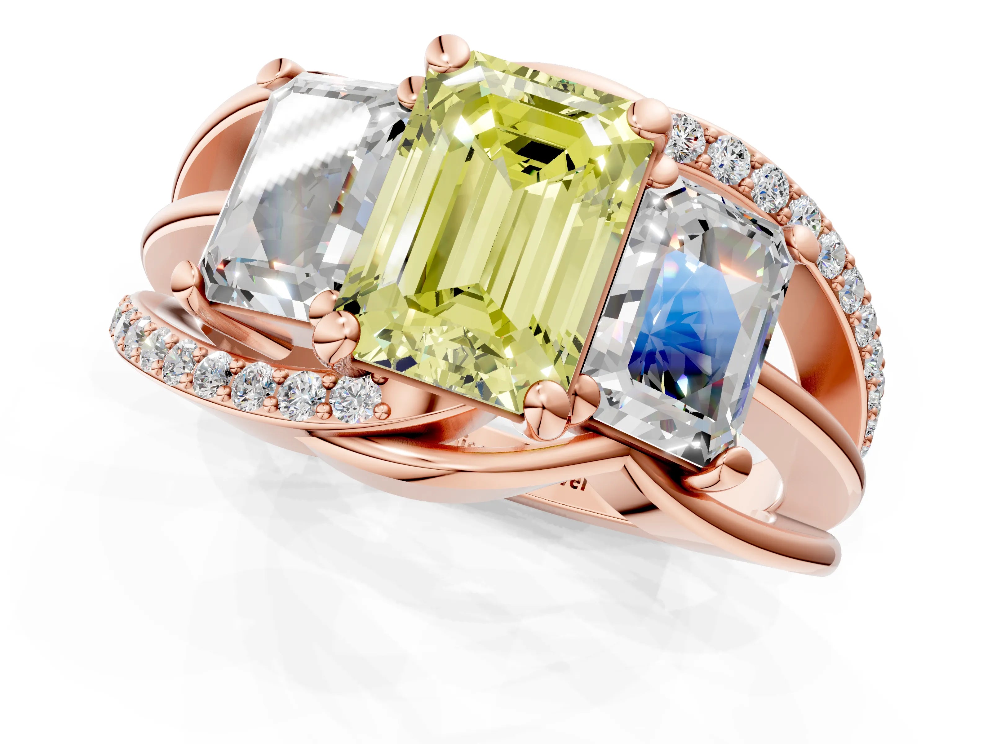 Rose gold Three-Stone Fancy Yellow Emerald Cut Cut Diamond Split Shank Prong Set Ring_1