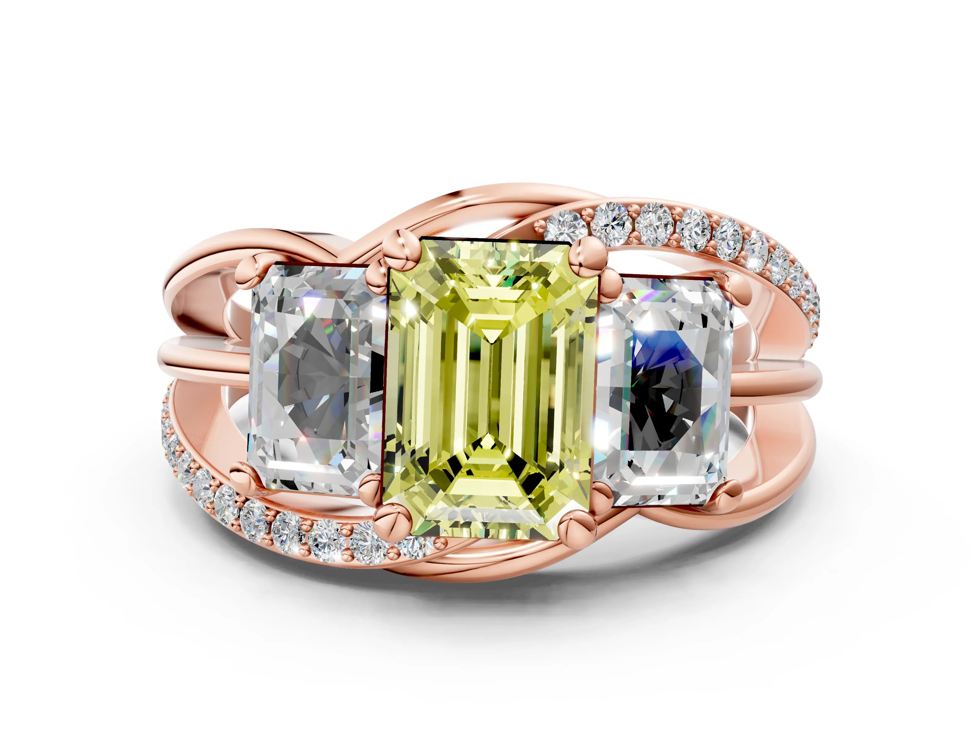 Rose gold Three-Stone Fancy Yellow Emerald Cut Cut Diamond Split Shank Prong Set Ring_12