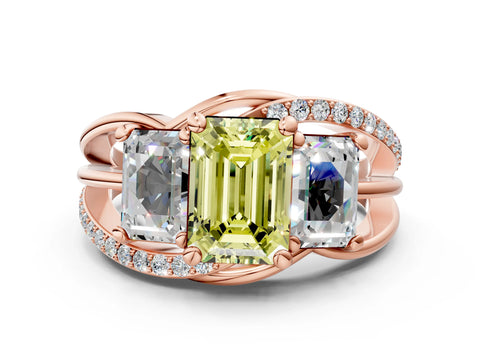 Rose gold Three-Stone Fancy Yellow Emerald Cut Cut Diamond Split Shank Prong Set Ring_12