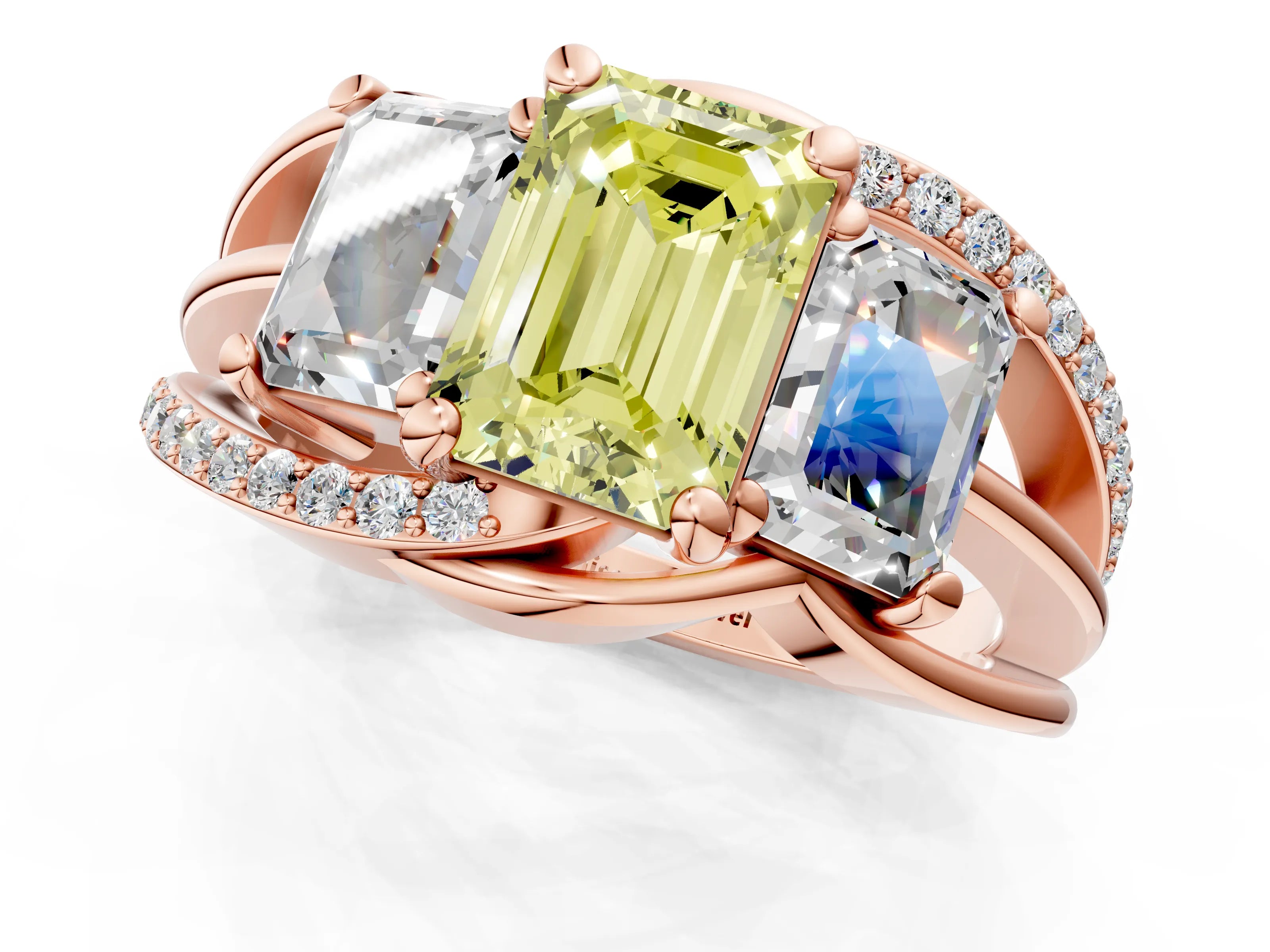 Rose gold Three-Stone Fancy Yellow Emerald Cut Cut Diamond Split Shank Prong Set Ring_13