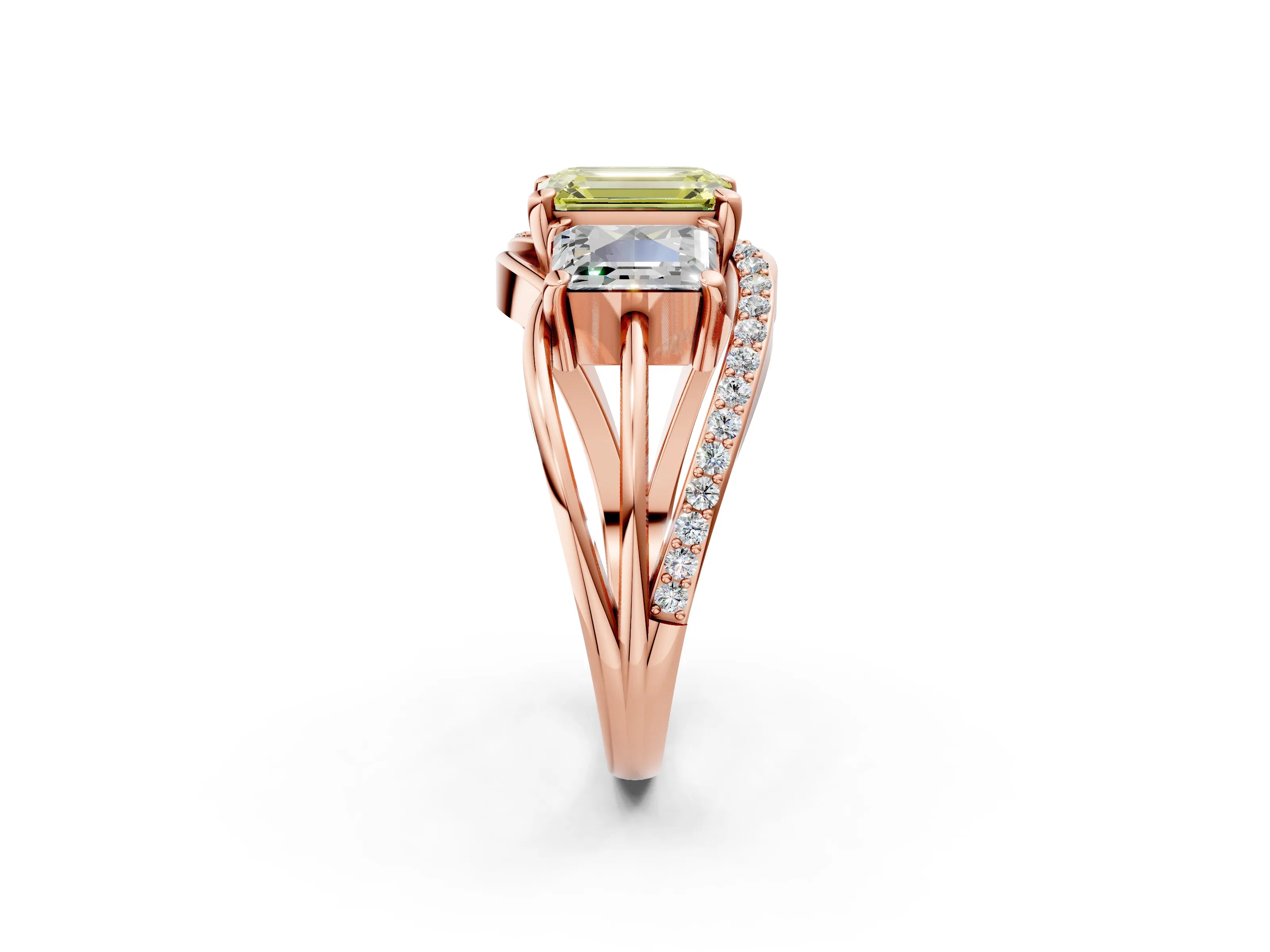 Rose gold Three-Stone Fancy Yellow Emerald Cut Cut Diamond Split Shank Prong Set Ring_14