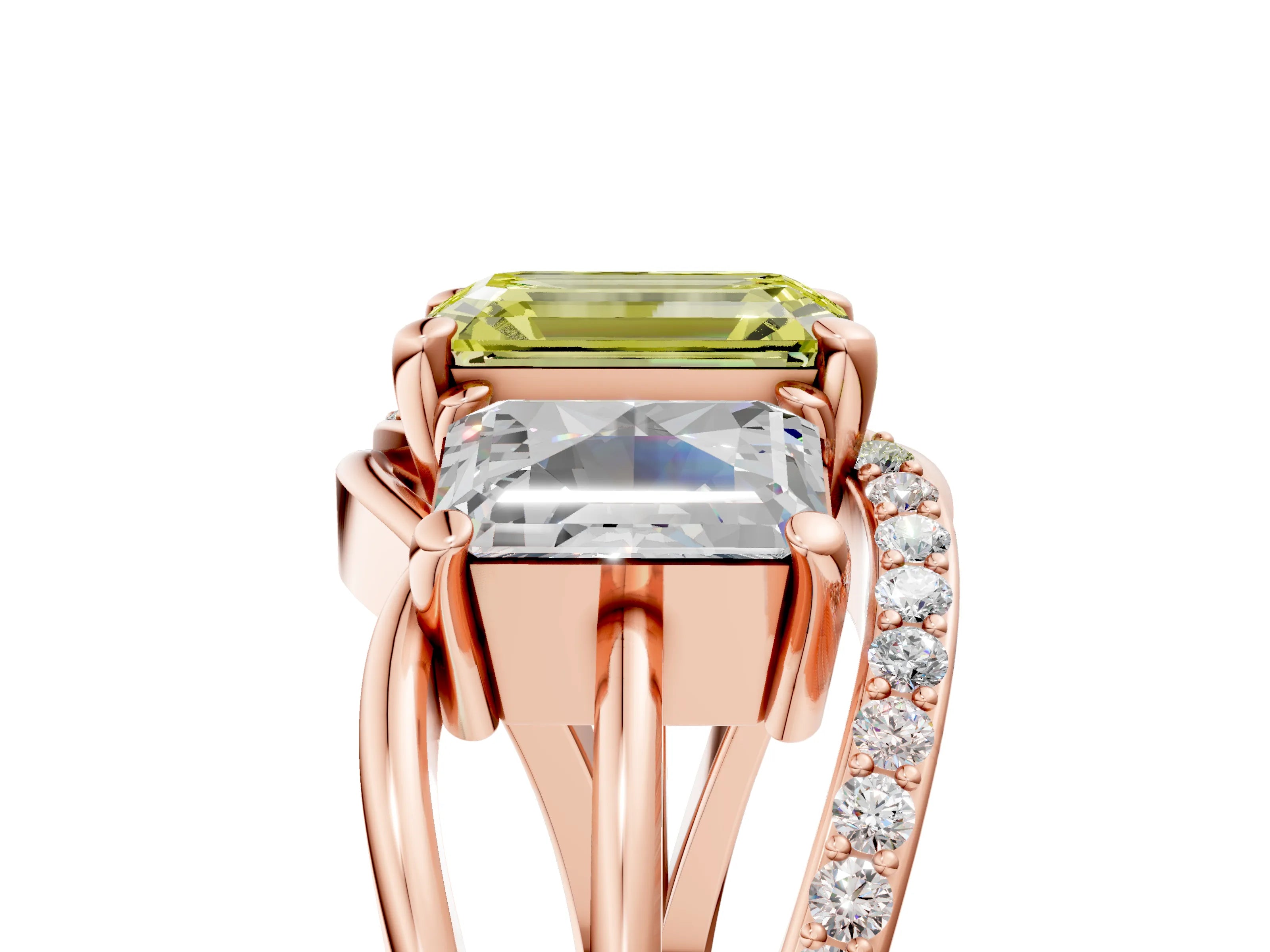 Rose gold Three-Stone Fancy Yellow Emerald Cut Cut Diamond Split Shank Prong Set Ring_17