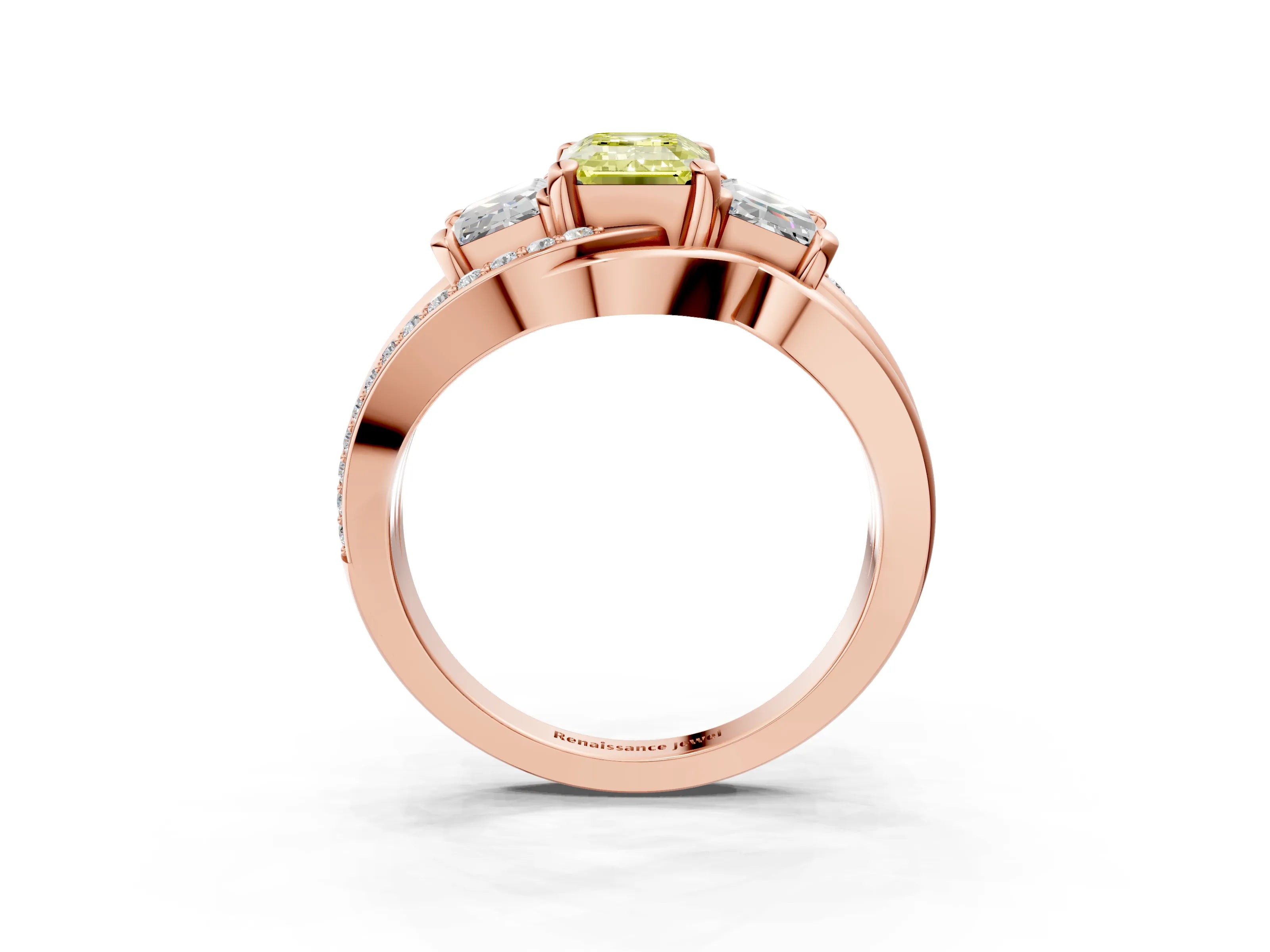Rose gold Three-Stone Fancy Yellow Emerald Cut Cut Diamond Split Shank Prong Set Ring_3