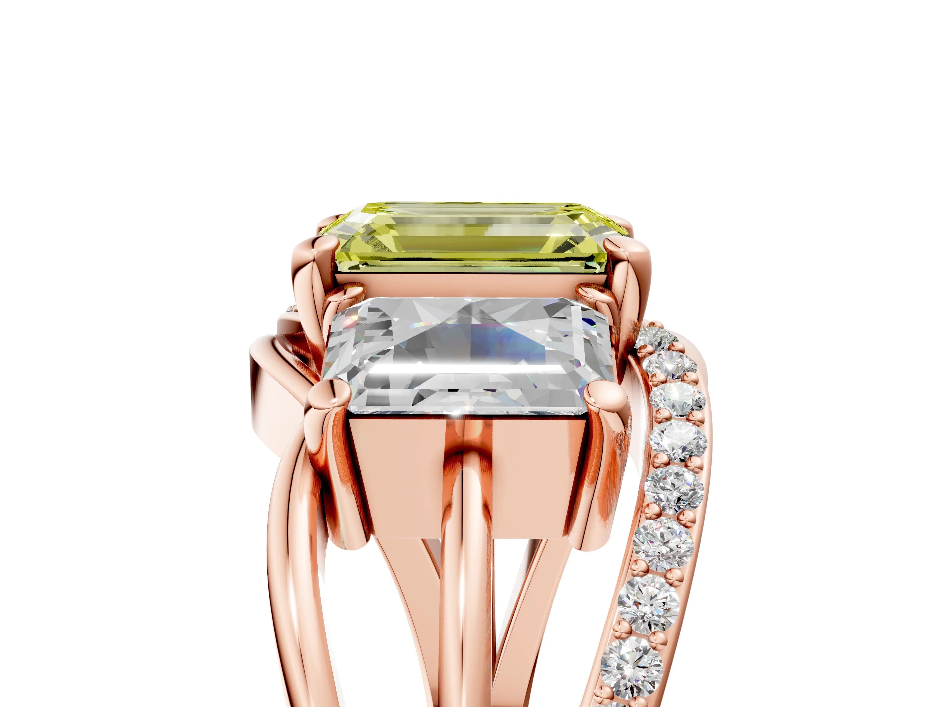 Rose gold Three-Stone Fancy Yellow Emerald Cut Cut Diamond Split Shank Prong Set Ring_5