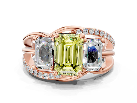 Rose gold Three-Stone Fancy Yellow Emerald Cut Cut Diamond Split Shank Prong Set Ring
