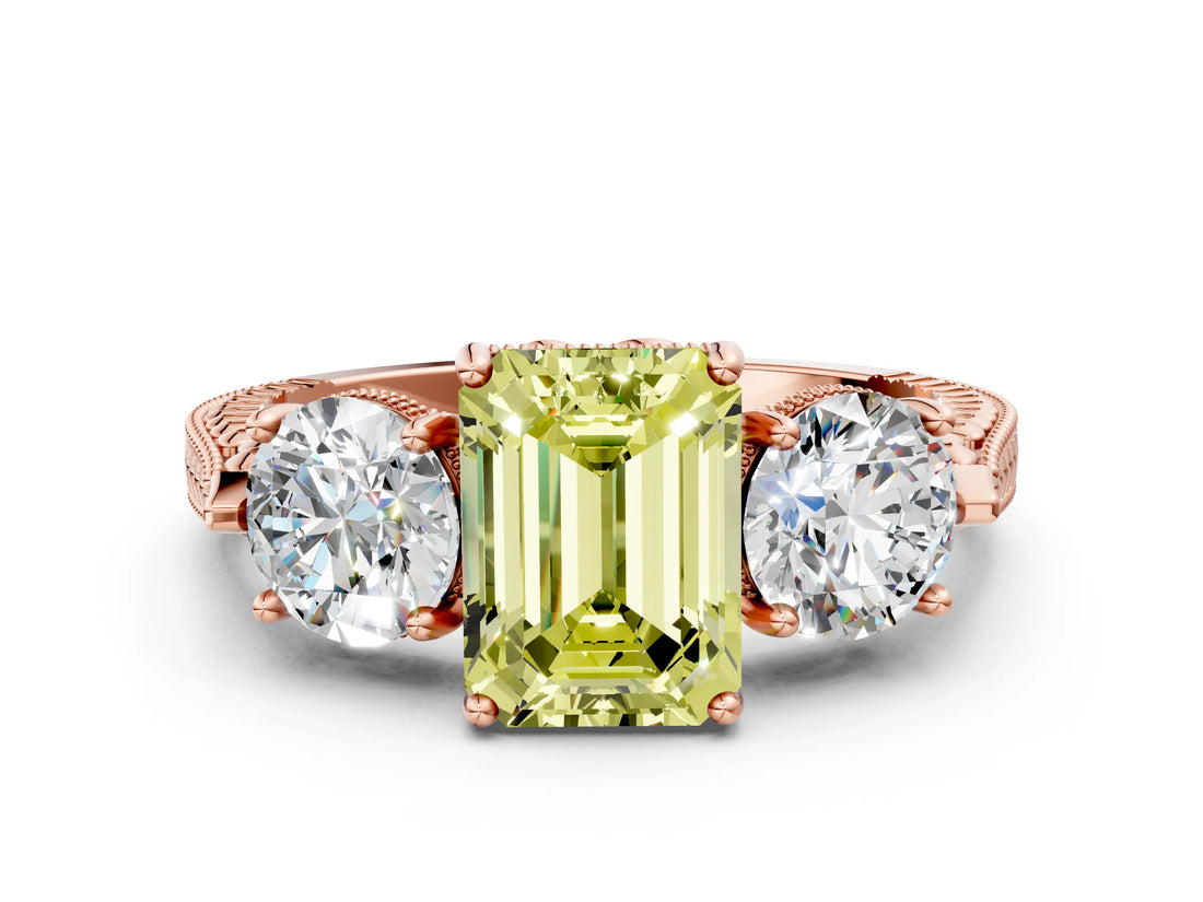 Rose gold Three-Stone Fancy Yellow Emerald Cut Cut Milgrain Band Prong Setting Ring_18