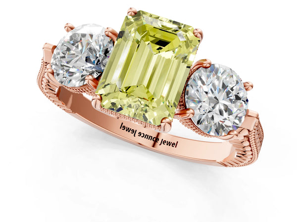 Rose Gold Emerald Cut Vintage Three Stone Engagement Ring Setting for Fancy Yellow Center