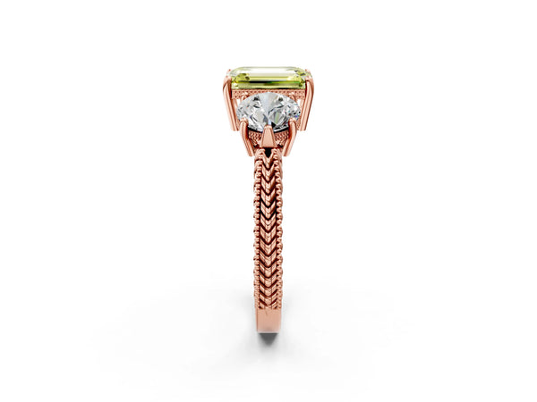 Rose Gold Emerald Cut Vintage Three Stone Engagement Ring Setting for Fancy Yellow Center