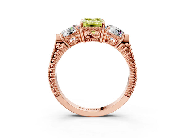 Rose Gold Emerald Cut Vintage Three Stone Engagement Ring Setting for Fancy Yellow Center