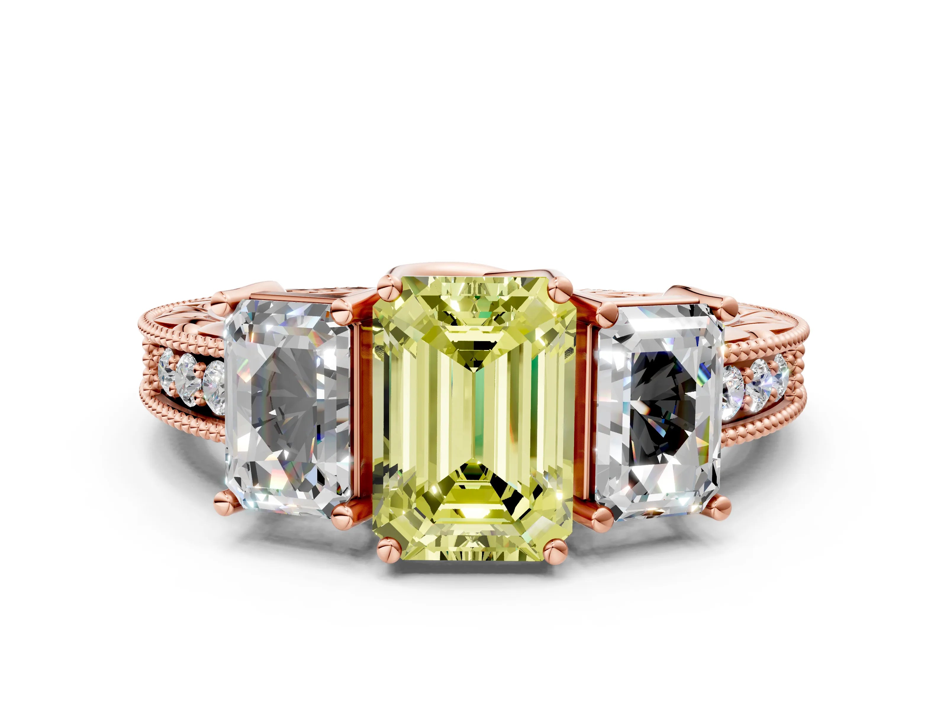 Rose gold Three-Stone Fancy Yellow Emerald Cut Cut Milgrain Pavé Engagement Ring