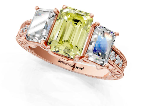 Rose gold Three-Stone Fancy Yellow Emerald Cut Cut Milgrain Pavé Engagement Ring_1
