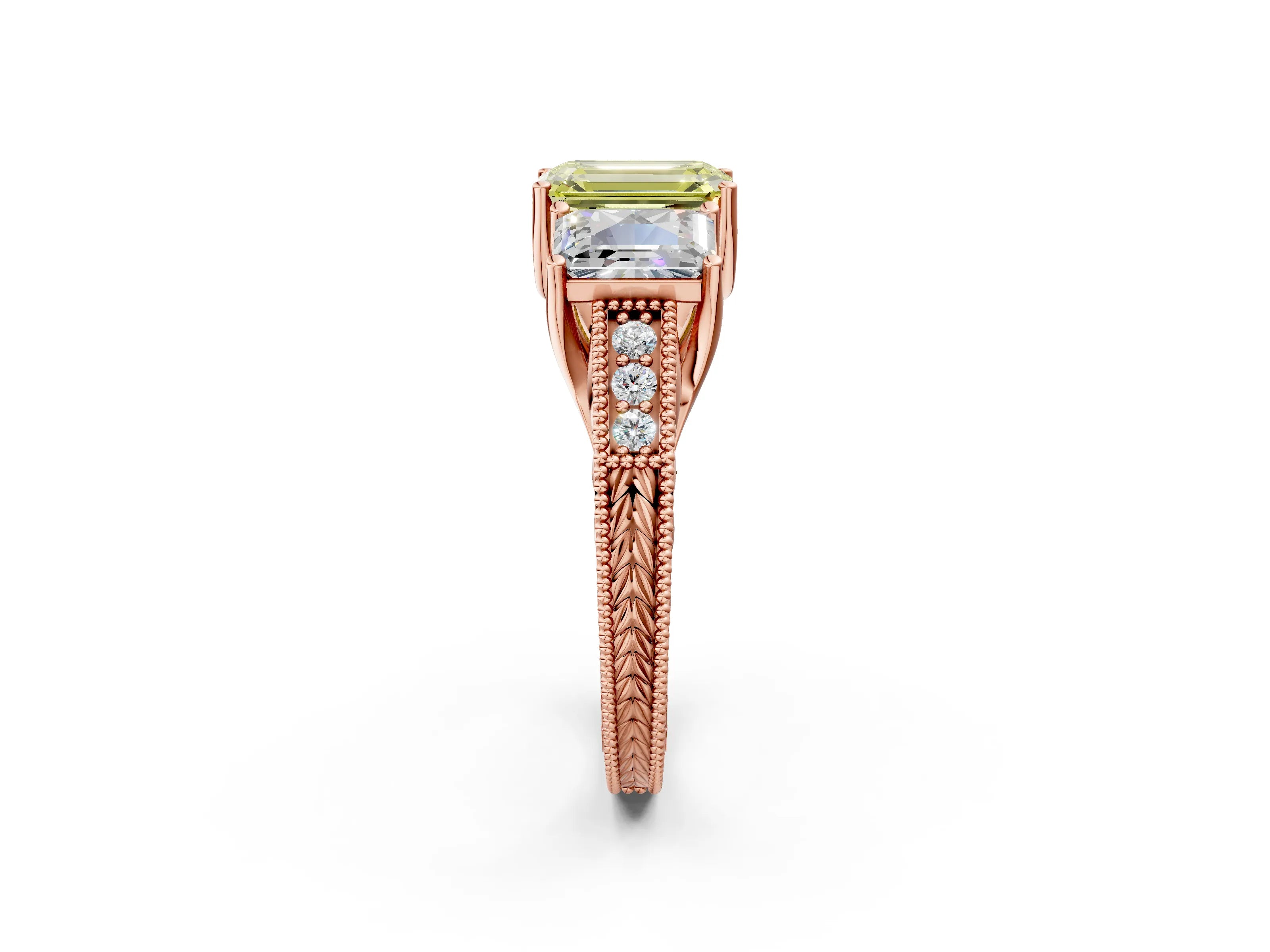 Rose gold Three-Stone Fancy Yellow Emerald Cut Cut Milgrain Pavé Engagement Ring_2